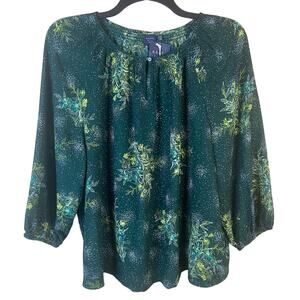 Kaari Blue Curvy Floral Smocked Green 3/4 Sleeve‎ Top Women's 2X Boho Career NWT